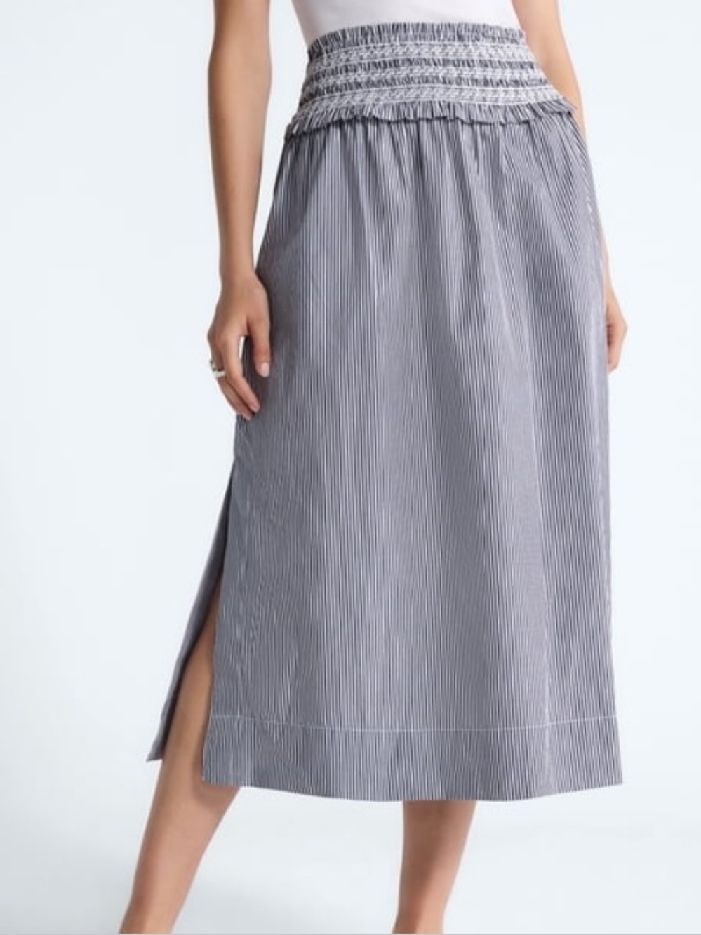 Free Assembly Smocked Waist Midi Skirt in Navy Pinstripe